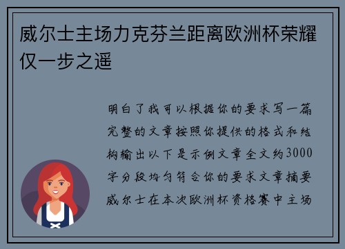 威尔士主场力克芬兰距离欧洲杯荣耀仅一步之遥